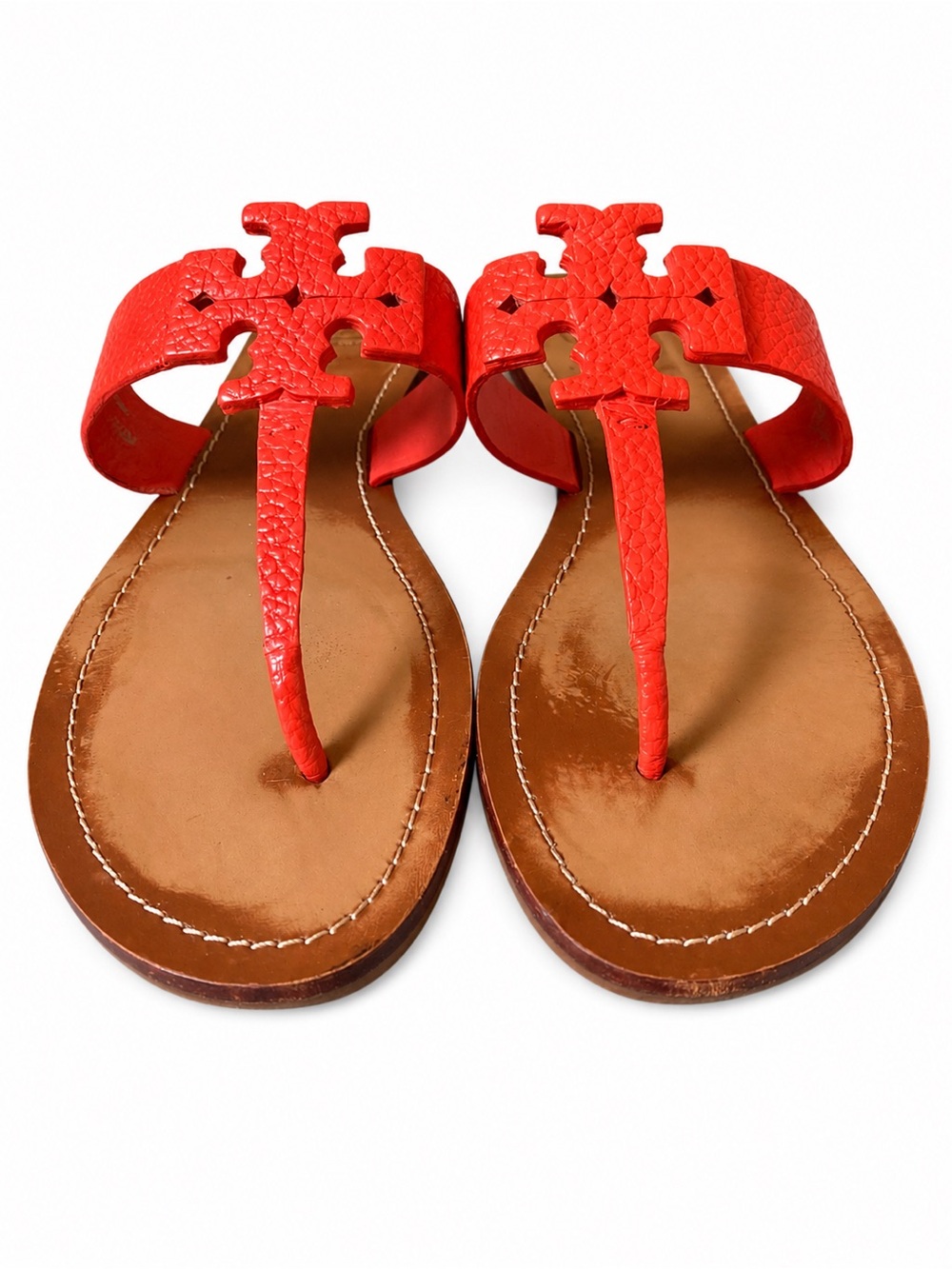 Tory Burch Moore Flat Thong Sandals Poppy Coral Tumbled Leather 9.5 Flip Flops